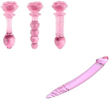 Asnoknae 3-Piece Pink Glass Dildo Butt Plug - 1 Piece Pink Glass Dildo, Butt Plug, And Double-Ended Pleasure Wand