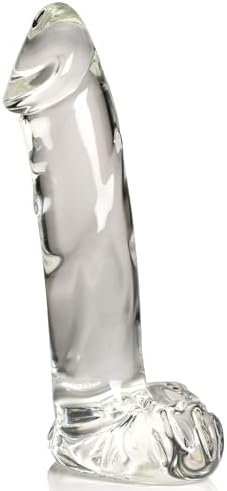 Pleasure Crystals 7.1" Glass Dildo With Balls For Men, Women & Couples. Realistic Texture, Latex-Free And Phthalate-Free, Ideal For Temperature Play. 1 Piece, Clear.