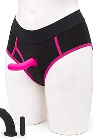 Lovehoney Double Up Strap On Dildo Kit - 5 Inch Pink Dildo - 4 Inch Black Dildo For Bullet Vibrator Included - Black & Pink Cotton Briefs With 2 Built In O-Rings - Waterproof - S/M