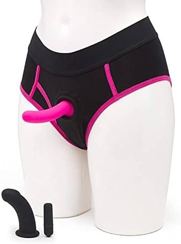 Lovehoney Double Up Strap On Dildo Kit - 5 Inch Pink Dildo - 4 Inch Black Dildo For Bullet Vibrator Included - Black & Pink Cotton Briefs With 2 Built In O-Rings - Waterproof - S/M