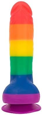 Pure Love Silicone Dildo With Suction Cup, Pride Colors, Harness Compatible, Adult Sex Toy, Rainbow Striped, 8"