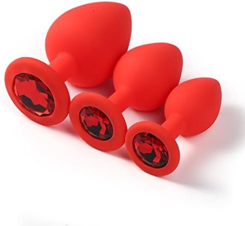 Lock Love 3 Pcs 3 Size Silicone Jeweled Anal Butt Plugs Anal Trainer Toys Butt Plug Trainer Kit , Pack Of 3 Silicone Anal Plugs Training Set Sex Toys For Beginners Advanced Users(Red)
