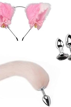 Fur Fox Cat Ear Detachable Head Anal Plug Tail Sets Cosplay Costume Bdsm Fetish Restraint Toys (Pink)