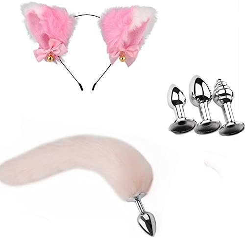 Fur Fox Cat Ear Detachable Head Anal Plug Tail Sets Cosplay Costume Bdsm Fetish Restraint Toys (Pink)