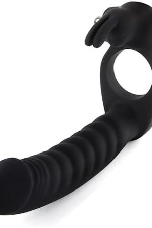 Vibrating Double Dildo With Cock Ring Penetrator Silicone Butt Plug Dual Men Couple Strap On Enhancer 7 Speed Anal Plug Sex Toys Adult Women (Black)