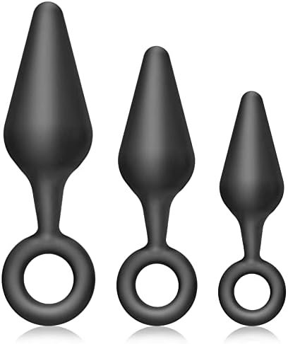 Fst Silicone Anal Plug Training Set With Safe Pull Ring, 3Pcs Butt Plug Trainer Kit Prostate Stimulate G-Spot Stimulation Anal Sex Toy For Beginners Men Women Couples Black