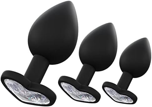 Bed Geek Set Of 3 Diamond Jewelled Butt Plugs For Anal Training (Black) - Soft Silicone Butt Plug Starter Kit With Flared Base - Adult Fetish Toys With Velvet Gift Bag For Couples And Solo Play