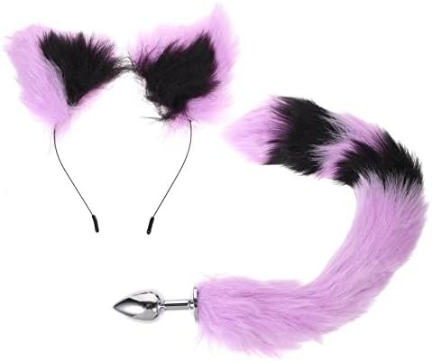 Abaodam Fox Headband Ears And Tail Animal Costume Set Hair Clip Headdress For Halloween Valentines Day Cosplay Dress Up Costume Birthday Performance Purple Black