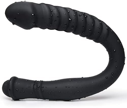 Double Ended Dildo 16.53 Inch Dong Ribbed Butt Plug Anal Dildo With Glans For Anal Vagina Stimulation Prostate Massager Sex Toy For Lesbian Men Women, Black, Tjijp