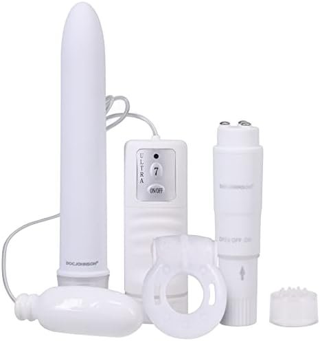 Doc Johnson White Nights - Pleasure Kit - 7 Inch Vibe, Bullet Vibe, Pocket Rocket, Vibrating C-Ring - White