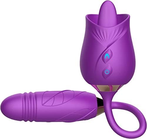 Rose Sex Toy For Womens Sex- 3 In 1 Clitoral Stimulator Tongue Licking Thrusting Vibrator With 10 Modes, Rose Adult Sex Toys Games, Rose Sex Stimulator For Women(Purple)