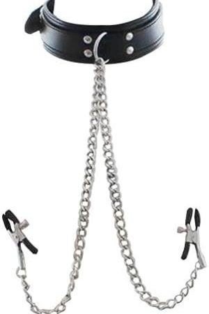 Ousandy Nipple Clamps With Chain And Collar Leather For Women/Men Adjustable Pressure Breast Clamps Stainless Steel Non Piercing Nipple Rings Decorative Clip For Pleasure Toys