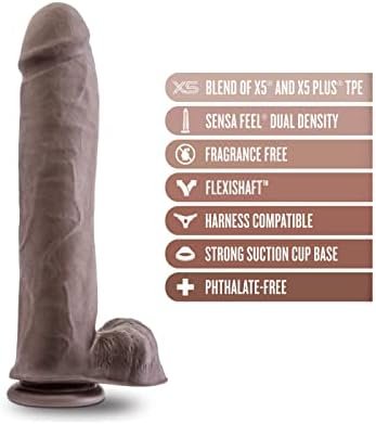Blush Au Naturel 11.5 Inch Sensa Feel Dual Density Dildo - Ultra Soft Realistic 2.5 Inch Thick Fat Large Sex Toy - Flexishaft For Rigidity - Strap On Harness Suction Cup Base - Chocolate - Image 2