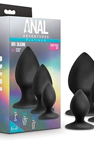 Blush Anal Adventures Platinum Ultrasilk Silicone Stout Butt Plug Kit - Mini Small Medium Satin Smooth Suction Cup Base Easy To Clean Plug - Fragrance Free - Sex Toys For Women Men Couples - Black