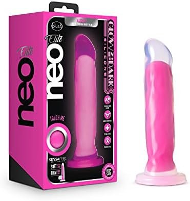 Blush Neo Elite Glow In The Dark Marquee - 8 Inch Sensa Feel Dual Density Platinum Cured Purio™ Silicone Dildo - Strap On Compatible Suction Cup For Hands Free Play - Luxury Sex Toy For Women Couples
