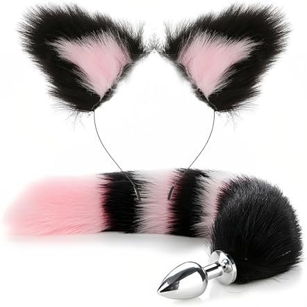 Anal Plug Butt Plug, 2Pcs/Set Sex Fox Tail Anales Plug Toys Butt Plugs With Cat Ears Headband Anal Sex Toys For Women Man Beginners Adult Couples Bondage, Black