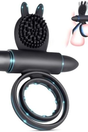 Vibrating Dual Penis Cock Ring With Rabbit Ears & Bullet Vibrator,10 Vibration Modes For Longer Harder Stronger Lasting Erections,Ipx7 Waterproof Sexual Enhancers Sex Toy For Man Couples Black