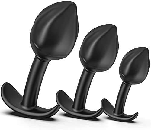 Silicone Rose Bud Butt Plug Kit, Pack Of 3 Anal Plugs Training Set With Comfortable Long-Term Base Prostate Sex Toys For Beginners Or Advanced Users - Black