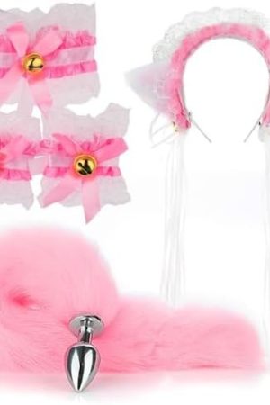 5 Piece Lace Hair Cat Ears Headband With Faux Fox Anal Plug Sets Cosplay Costume Chocker Bdsm Toys (Black)
