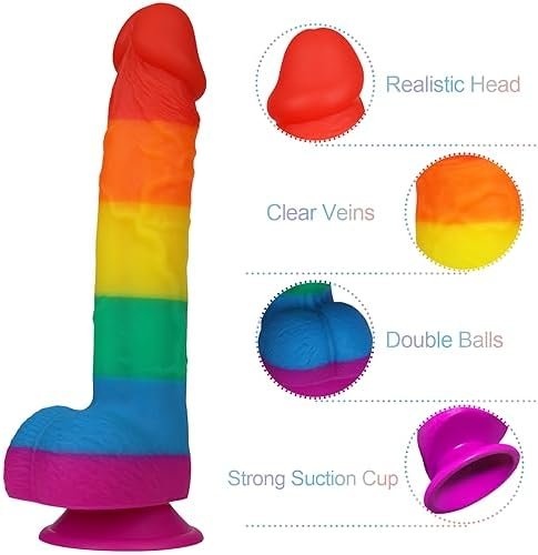 9.3 Inch Realistic Rainbow Dildo Adult Sex Toys Liquid Silicone Material Strong Suction Cup G-Spot Hands-Free Play Long Penis 2 Balls For Vaginal Women Men - Image 3