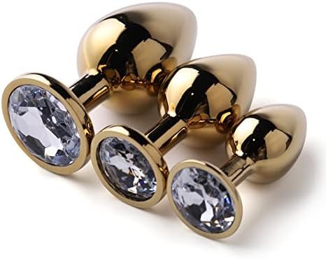 Lock Love 3 Pcs Luxury Jewelry Design Fetish Anal Butt Plug Metal Butt Plug Stainless Steel Anal Plug Set Expanding Plug Toys Round Shape Plug Beginner Trainer Kit 3 Pcs (Round, Gold)