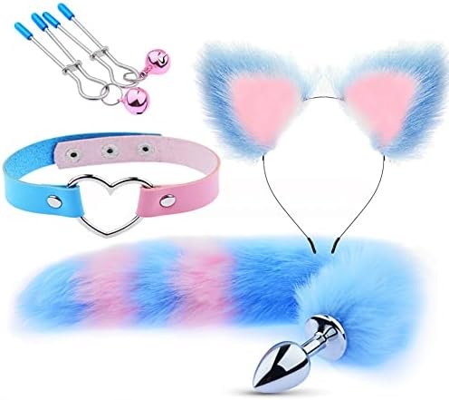 Pink Blue Anal Plug Cosplay Set Butt Plug Tail Ear Headband Fox Tail Bunny Buttplug Tail Set Fox Cat Ears With Stainless Steel Headband Nipple Clamps For Women Sex Pleasure 4Pcs Pb