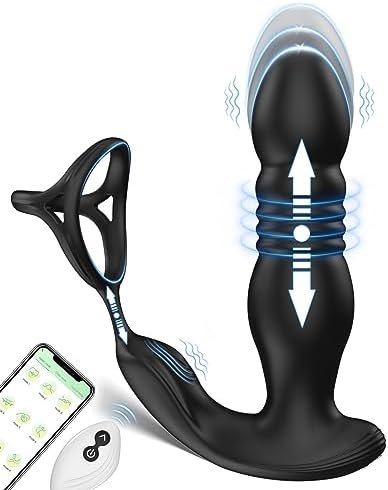 Thrusting Prostate Massager Anal Dildo Vibrator With Peni Ring, App Remote Contral Adult Anal Plug Sex Toys P Spot Massager For Men And Couples With 3 Thrusting And 9 Vibration Modes (Balck)