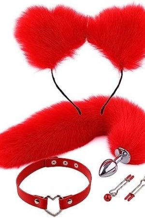 Fox Tail Anal Plug Collar And Nipple Clamps Cat Ears Butt Plug Stainless Steel Anal Plug With Faux Fur Fox Tail For Women Costume Props (Red)