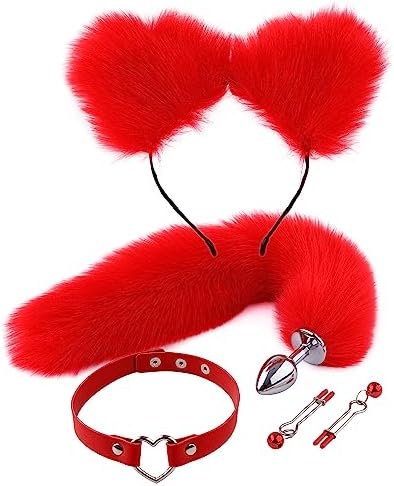 Fox Tail Anal Plug Collar And Nipple Clamps Cat Ears Butt Plug Stainless Steel Anal Plug With Faux Fur Fox Tail For Women Costume Props (Red)