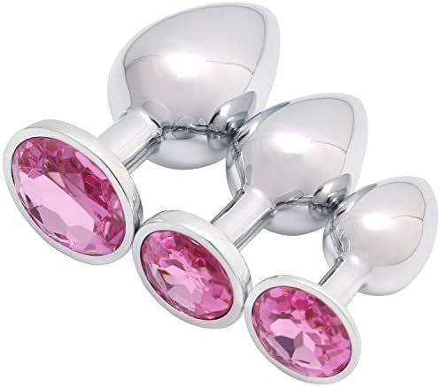 Akstore 3 Pcs Luxury Jewelry Design Fetish Stainless Steel Anal Butt Plug Fantasy Sex Restraints Bondage Sm Large+Medium+Small Anal Stimulation Toy For Unisex Masturbation With Penis Condom(Pink)