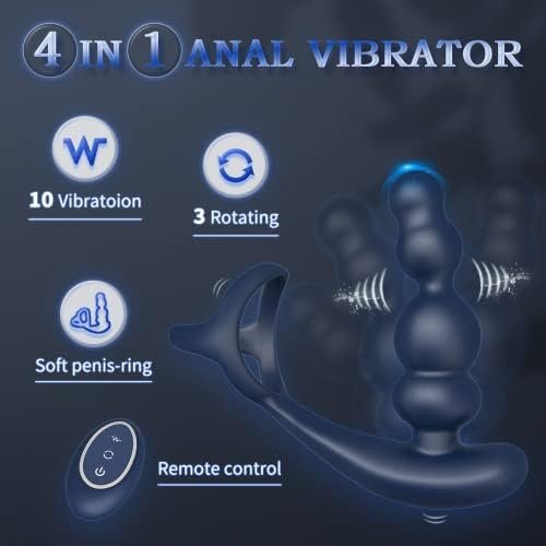 Rotating Vibrating Anal Prostate Vibrator - 4 In 1 Remote Control Anal Beads Butt Plug Dildo With Double Penis Rings & 3 Rotation 10 Vibration Modes, Silicone P-Spot Massager Adult Sex Toys For Men - Image 2