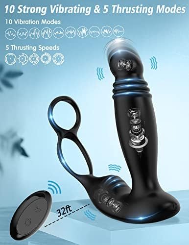 Thrusting Anal Vibrator Prostate Massager With Dual Cock Ring, Anal Sex Toys With 5 Thrusting & 10 Vibrating Modes, Prostate Stimulor Toys Remote Anal Plug Toy Adult Sex Toys For Men Couple Pleasure - Image 3