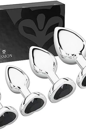 Session Jewel Butt Plug Beginner 4 Piece Set - Extra Small, Small, Medium, Large - Wide Base Prevents Slippage - Metal Anal Sex Adult Toy For Men & Women - Heart Shaped Charm (Silver & Red)