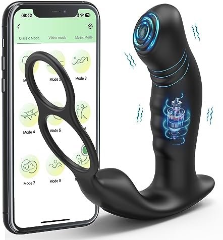 Prostate Massager With 2 Vibrating Cock Ring, App Control Anal Vibrator With 9 Vibrating Modes, Waterproof G-Spot Anal Butt Plug, Adult Gay Sex Toys For Men Women & Couples, Black