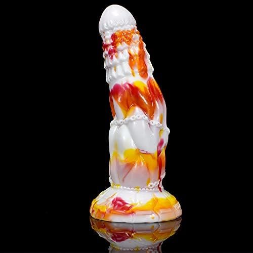 Curved Soft Silicone Made Colorful Dildo Anal Plug Multi Colored Flexible Hands Free Odorless (Red+Yellow+White)