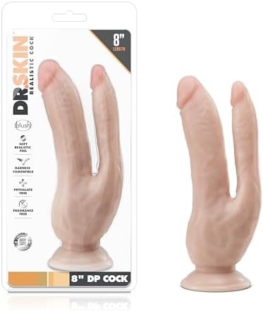 Blush Dr. Skin 8 Inch Dp Double Penetration Real Feel Life Like Realistic Dildo With Suction Cup, Sex Toy For Women, Strap On Compatible, Vanilla