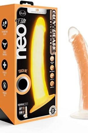 Blush Neo Elite Glow In The Dark 7.5 Inch Dildo | Ultrasilk™ Silicone | Sensa Feel® Dual Density Technology | Suction Cup Base & Harness Compatible For Hands-Free Fun | Waterproof | Neon Orange