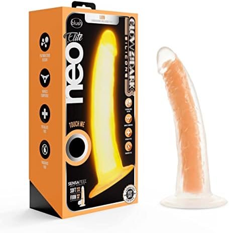 Blush Neo Elite Glow In The Dark 7.5 Inch Silicone Dual Density Cock With Suction Cup, Sex Toy For Women, Neon Blue