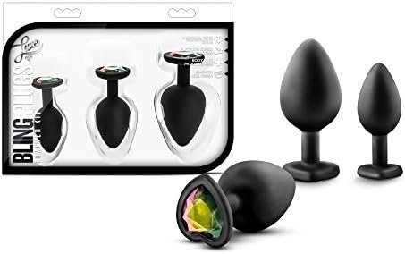 Blush Luxe - Anal Bling Butt Plug Heart Shape Gem Sex Toy 3 Piece Training Kit Soft Satin Silicone - Black Rainbow Gem