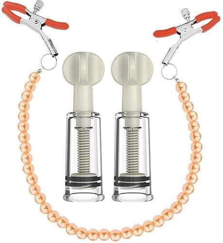 Igeuza Nipple Clamps With Nipple Sucker And Nickel Sucker Sequential Pleasure Non Piercing Adjustable Pearl Chain Nickel Clip On Jewelry Bread Clamps For Adult Women Sex Toys (Orange)