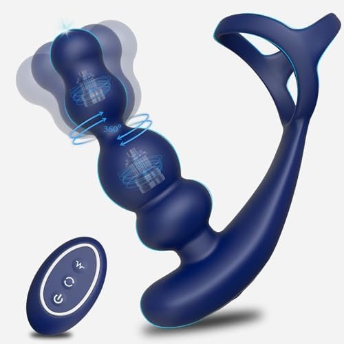 Rotating Vibrating Anal Prostate Vibrator - 4 In 1 Remote Control Anal Beads Butt Plug Dildo With Double Penis Rings & 3 Rotation 10 Vibration Modes, Silicone P-Spot Massager Adult Sex Toys For Men