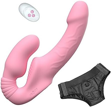 Gaiwu Harness Strap-On Dildo Vibrator With Remote Control, Double-Ended Dildos With 10 Vibrating Modes, Waterproof Rechargeable Adult Sex Toys With Anti-Slip Ribbed For Women Lesbian Couples Pink