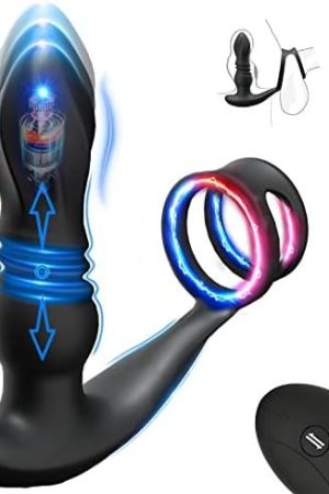 Vibrating Prostate Massager Thrusting Anal Vibrator Male Sex Toys With Dual Cock Rings, Remote Control Prostate Stimulor Toys Anal Plugs 3 Thrusting Speeds & 7 Vibration Modes For Men Women Black