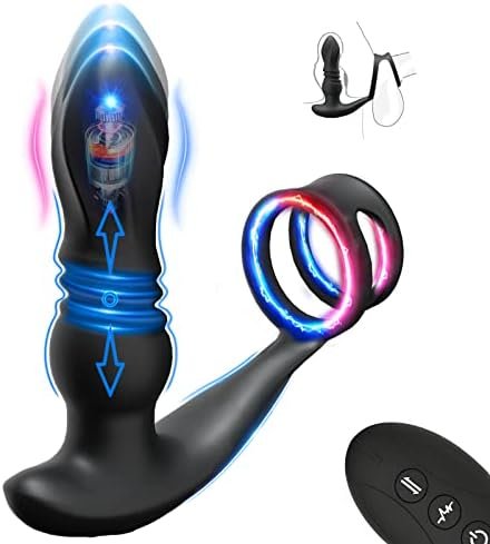 Vibrating Prostate Massager Thrusting Anal Vibrator Male Sex Toys With Dual Cock Rings, Remote Control Prostate Stimulor Toys Anal Plugs 3 Thrusting Speeds & 7 Vibration Modes For Men Women Black