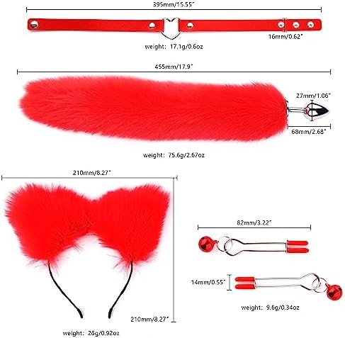 Fox Tail Anal Plug Collar And Nipple Clamps Cat Ears Butt Plug Stainless Steel Anal Plug With Faux Fur Fox Tail For Women Costume Props (Red) - Image 2