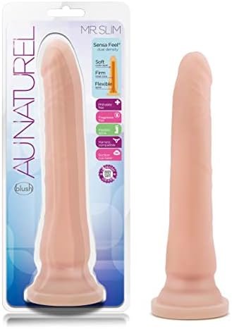 Blush Au Naturel - Mr. Slim 9 1/4 Inch Realistic Sensa Feel Flexi Shaft Dual Density Easy To Clean Long Dildo - Soft Flexible Suction Cup Harness Compatible - Sex Toys For Men Women Adults - Natural