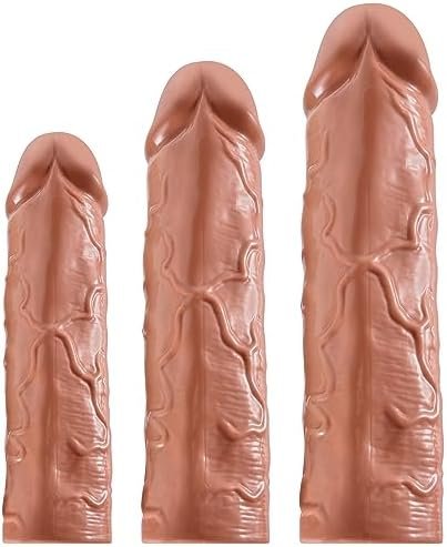 Super Stretchy Reusable Penis Sleeve Extender Set, Soft Realistic Cock Enlargers Extension Sex Toys For Men, Black