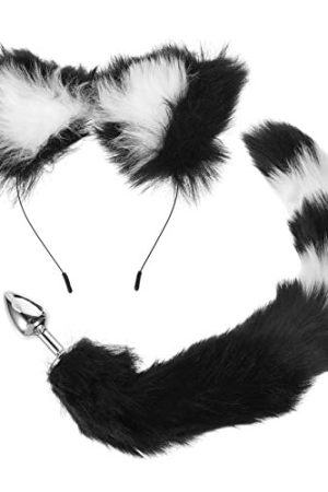 Abaodam Fox Headband Ears And Tail Animal Costume Set Hair Clip Headdress For Halloween Cosplay Dress Up Costume Birthday Performance Black White