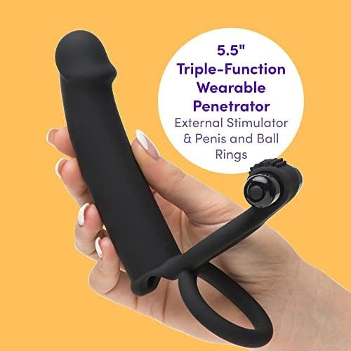 Lovehoney Double Fun Vibrating Double Penetration Strap On Dildo - 5.5 Inch Silicone Strap On Dildo For Men - 2 Bullet Vibrators & Cock And Ball Rings - Waterproof - Black - Image 2
