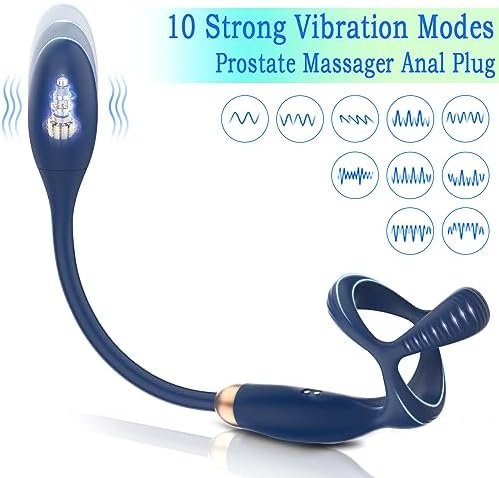 Prostate Massager Vibrating Cock Ring Anal Plug Vibrator Adult Sex Toys For Men 10 Vibrating Modes Male Stimulator Waterproof Penis Ring Toy Remote Control Blue Butt Plug - Image 2